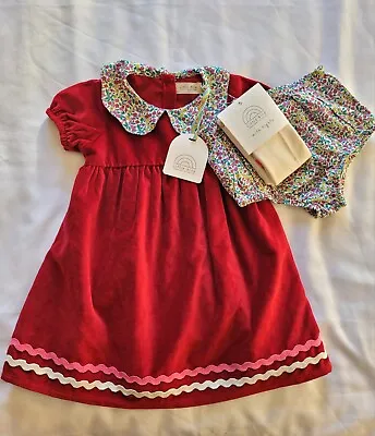 Little Bird By Jools Oliver 3 Piece Red Velvet Dress With Tights 12-18 Christmas • £17.99