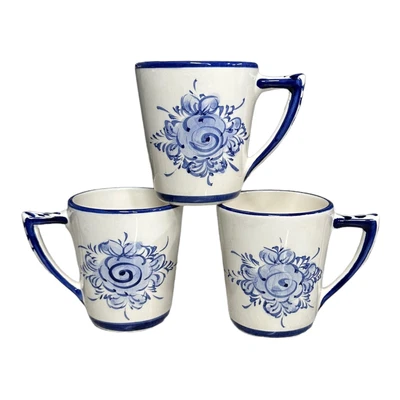 $14 • Buy 3 VTG Delft Blue And White Ceramic Coffee Mugs Tea Cups 9 Oz Handmade Portugal