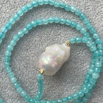 4mm Blue Aquamarine Faceted Round Beads Baroque Keshi Pearl Pendant Necklace 18  • $9.89