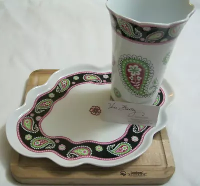 Vera Bradley PINK ELEPHANTS POTTERY VASE UTENSILS & OVAL VANITY SERVING TRAY NEW • $99.95