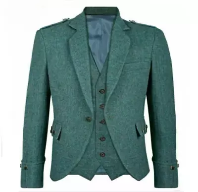 £67.99 • Buy Green Scottish Argyle Kilt Jacket With Waistcoat Men Stylish Wedding Jacket