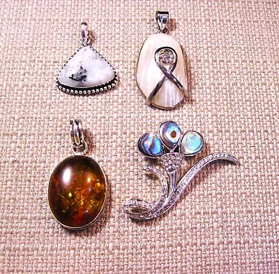 Beautiful Assortment Of 4 Silver Pendants Abalone Amber Moonstone & Shell Lot#35 • $9