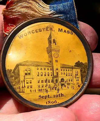 WORCESTER MASSACHUSETTS  Sept 10 1896 Antique Souvenir Badge Ribbon CITY HALL • $24
