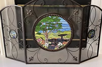 Trifold Fireplace Screen W/ Tiffany Style Stained Glass Inserts Tree Of Life NIB • $179.99