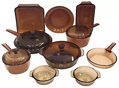 Set Of 14 Vision WARE Visions Corning Anchor Amber Brown Glass Cookware W/ Lids • $199.99