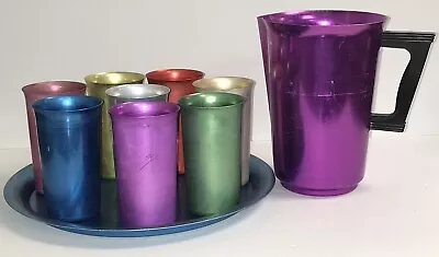 Vintage Aluminum Sunburst Pitcher Set Of 8 Cups Tumblers And Serving Tray • $49.99