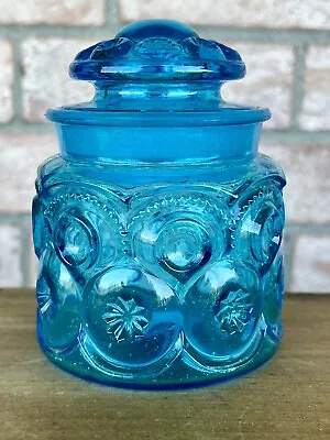 Vintage LE Smith 5” Blue Moon And Stars Glass  Canister W/Lid Apothecary Jar • $28