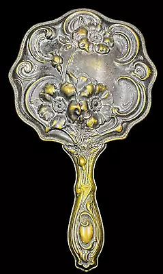 Vintage Art Nouveau Brass Hand Mirror Ornate Carved Flowers Leaves & Scrolls 10  • $64.95