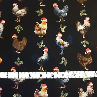 Christmas Chicken Hens Rooster Santa Hats Fabric 100% Cotton FQ HY BTY Farmhouse • $2.85