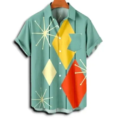 Mens Atomic Retro Bowling Shirt 2XL Button Down Stripe Cyan 50s Shirt Jack XXL • $25.81