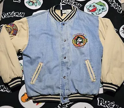 Vintage 90s Disney Mickey Mouse Denim Varsity Bomber Jacket SZ Medium • $230.47