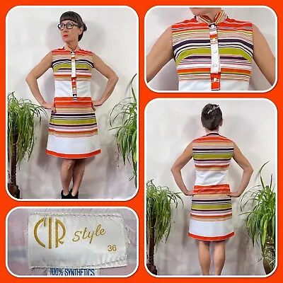 £30 • Buy Vintage 1960s Orange White Green Striped Dress By CIR Style Size 8 10 Mod Go Go