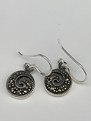 925 Sterling Silver Marcasite Round Drop Dangle Earrings Length 1cm Diameterdrop • £13