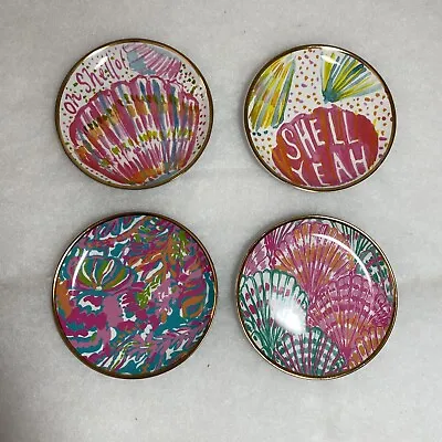 $14.50 • Buy Lilly Pulitzer  Sea Shells  Set Of 4 Ceramic Coasters 3-3/4” Gold Rim.