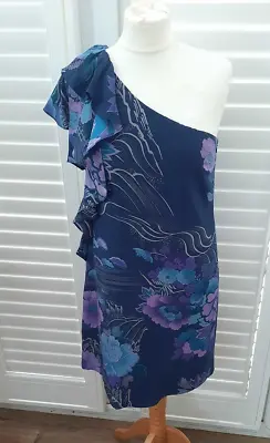 Belle By Oasis 100% Silk Dress Cocktail Occasion Blue Purple Ruffle - Size 10 UK • £24.99