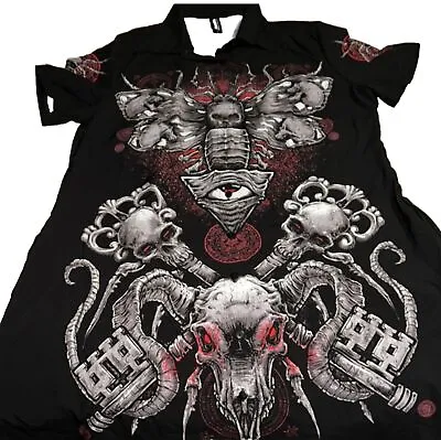 Blackmilk “THE OMEN SHORT SLEEVE BUTTON UP DRESS” Size Large L NWT Skulls Moth • $125