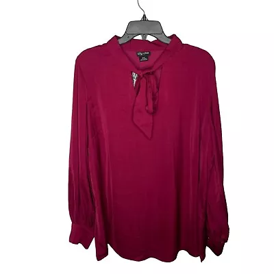 City Chic Top Womens M/18 Sangria Red In Awe Long Sleeve Bow Neck Tie Blouse New • $59.82