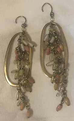 Vintage Monet Drop Dangle Earrings Beaded Pierced Jewelry Peach Green Gold Tone • $14.98