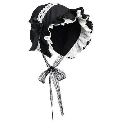 Vintage Lolita Girls Bonnet With Bowknot Fancy Dress Costume Black Lace Up Hat • $39.59