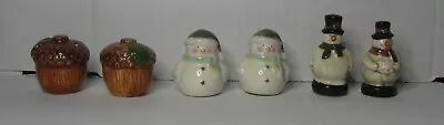 Vintage Lot Of 3 Pairs Of Small Novelty Salt & Pepper Shaker. Acorns & Snowmen • $9