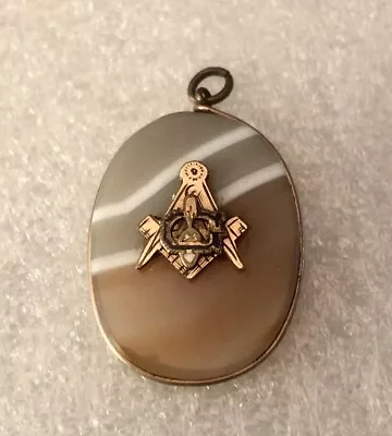 Estate Antique Mason Masonic Pendant Logo Mounted On Banded Agate Stone • $55