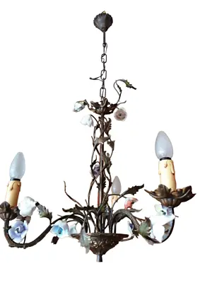 Floral Italian Bronze Wit Roses Porcelain Chandelier 3 Arms Venetian Lamp 1940s • £299