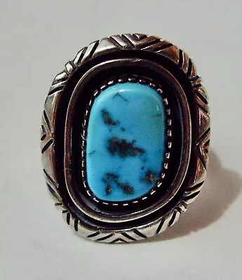 Vintage Navajo Sterling Silver Turquoise Split Shank Highly Decorated Ring Sz 7  • $125