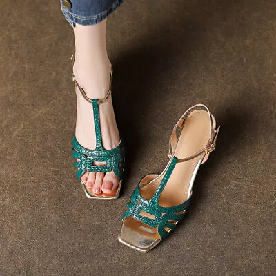 Womens 2024 Fashion Leather Open Toe  Cutout T Strap Mid Heel Sandal Shoes QKQS  • $74.99