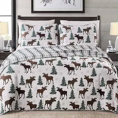 Green Brown Moose Tree Lodge Plaid 3 Pc Quilt Set Twin Full Queen King Coverlet • $87.90