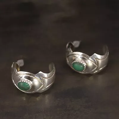 VTG Sterling Silver - NAVAJO Malachite Cabochon J-Hoop Post Earrings - 8g • $15.50
