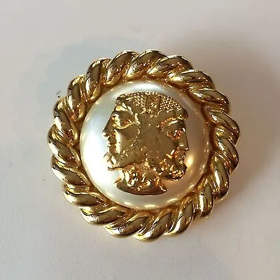 FENDI Gold Tone Brooch/Pin - VINTAGE Roman Head On Faux Pearl & Rope Setting  • $285