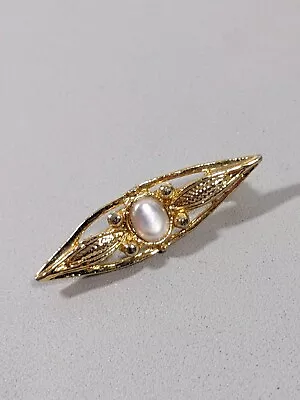 Vintage Gold Tone Oval Faux Pearl Bar Open Work Pin Brooch • $5.59