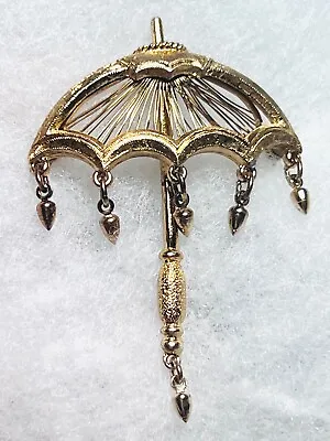 Vintage - Signed - Monet - Gold Tone Umbrella In The Rain Brooch Pin • $19