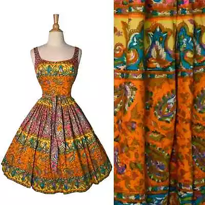 Vintage 50s Cole Of California PinUp Floral Paisley Cotton Fit N Flare Dress • $118