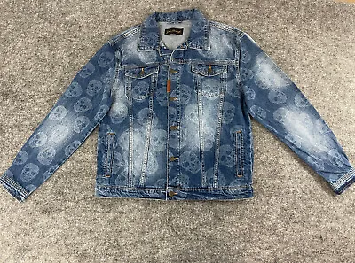 Gianni Kavanagh Denim Jacket Mens Medium Skull Print All Over  Jean Blue N314 • $48.93