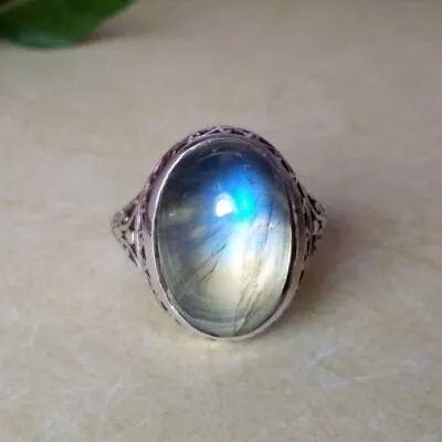 Solid 925 Sterling Silver Natural Blue Fire Moonstone Oval Gemstone Men's Ring • $40.61