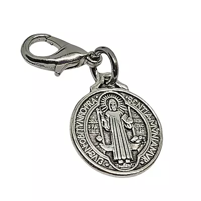 Saint St Benedict Silver Tone Cross Medal Medallion Key Chain Ring Lobster Clip • $5.03