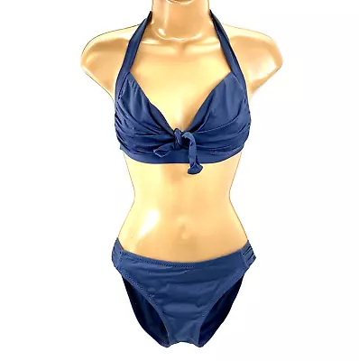 Mossimo Bikini M Halter Tie Front Back Swim Suit Top Bottom Navy Blue Ruched • $14.87