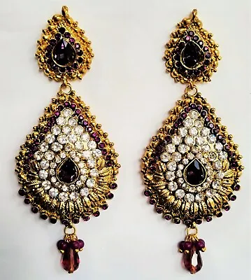 NEW Pear Drop Crystal Earrings PURPLE GOLD Sparkling Indian Art Deco Chandelier • £8.99