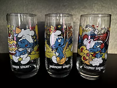 SMURFS Peyo Drinking Glasses Set Of 3 Hardees 1983 Vintage Excellent Condition • $14.99