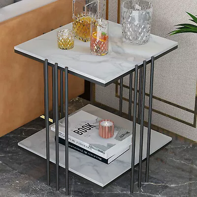 Metal Frame Side/Coffee Table Square With Marble Top & Shelf Living Room Bedroom • £59.95