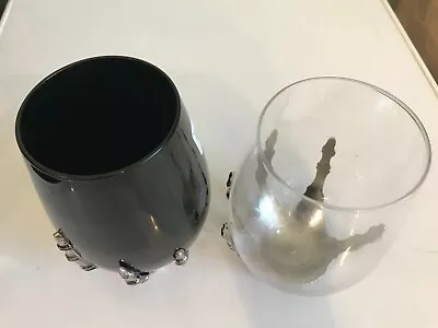 Set 2 Stemless Goth Skeleton Hand Wine Goblet Glass Clear Black Drink Halloween • $39.99