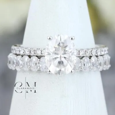 Moissanite Bridal Set Engagement Ring Oval Cut 3 Carat Solid 14K White Gold VVS1 • $214.14