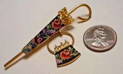 Vintage Umbrella & Tiny Purse Brooch W Pink Roses Floral Petit Point Needlepoint • $19.99