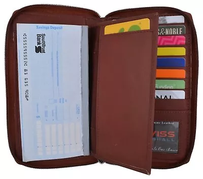 Burgundy Zip Around Genuine Leather Checkbook Credit Card ID Holder Wallet Women • $19.99