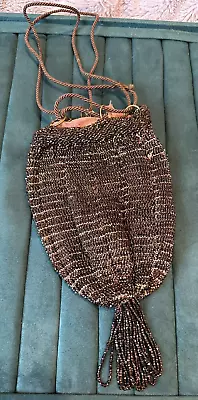 Antique 1920s-30s MICRO Glass BEADED RETICULE DRAWSTRING PURSE Brown Copper Tone • $54.94