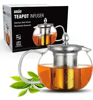 ANSIO Glass Teapot With Infuser 600 Ml Borosilicate 304 Stainless Steel Lid... • £11.99