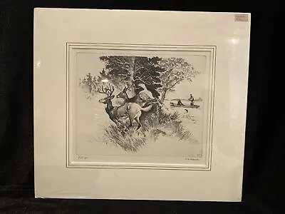 Vintage Mid 20thC R.H. Palenske “Let’s Go” Fishing Boat & Deer Etching Print • $59.99