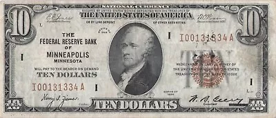 1929 $10 National FEDERAL RESERVE MINNEAPOLIS • $56.99