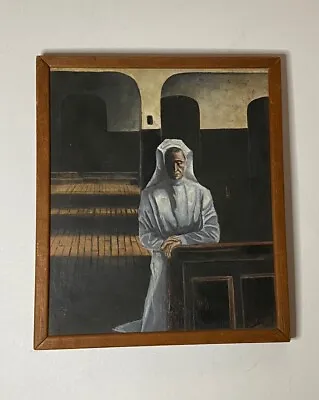 VINTAGE MID CENTURY MODERN SURREAL WOMAN NUN OIL PAINTING OLD ABSTRACT 1960s • $275